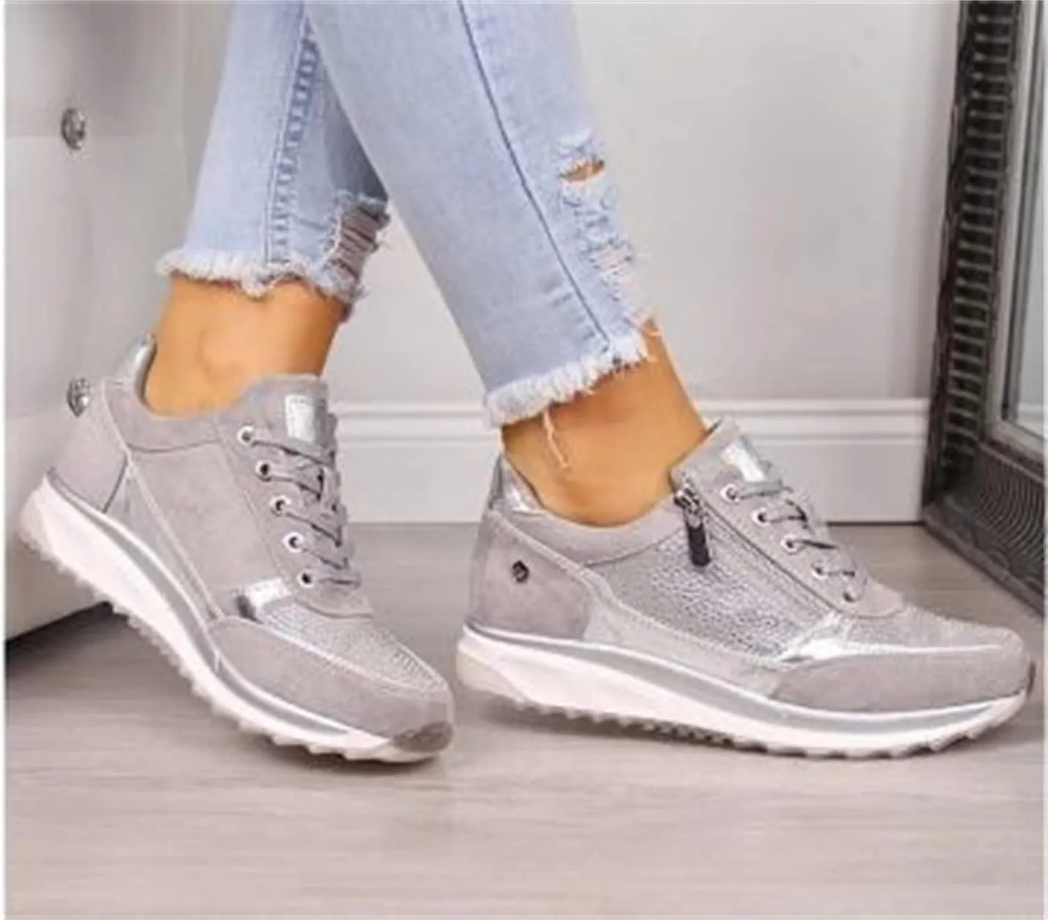 Ladmiple Shoes For Women Sneakers Trendy Low Top Lace-up Walking Shoes Fashion Summer Slip On Platform Flats Loafers
