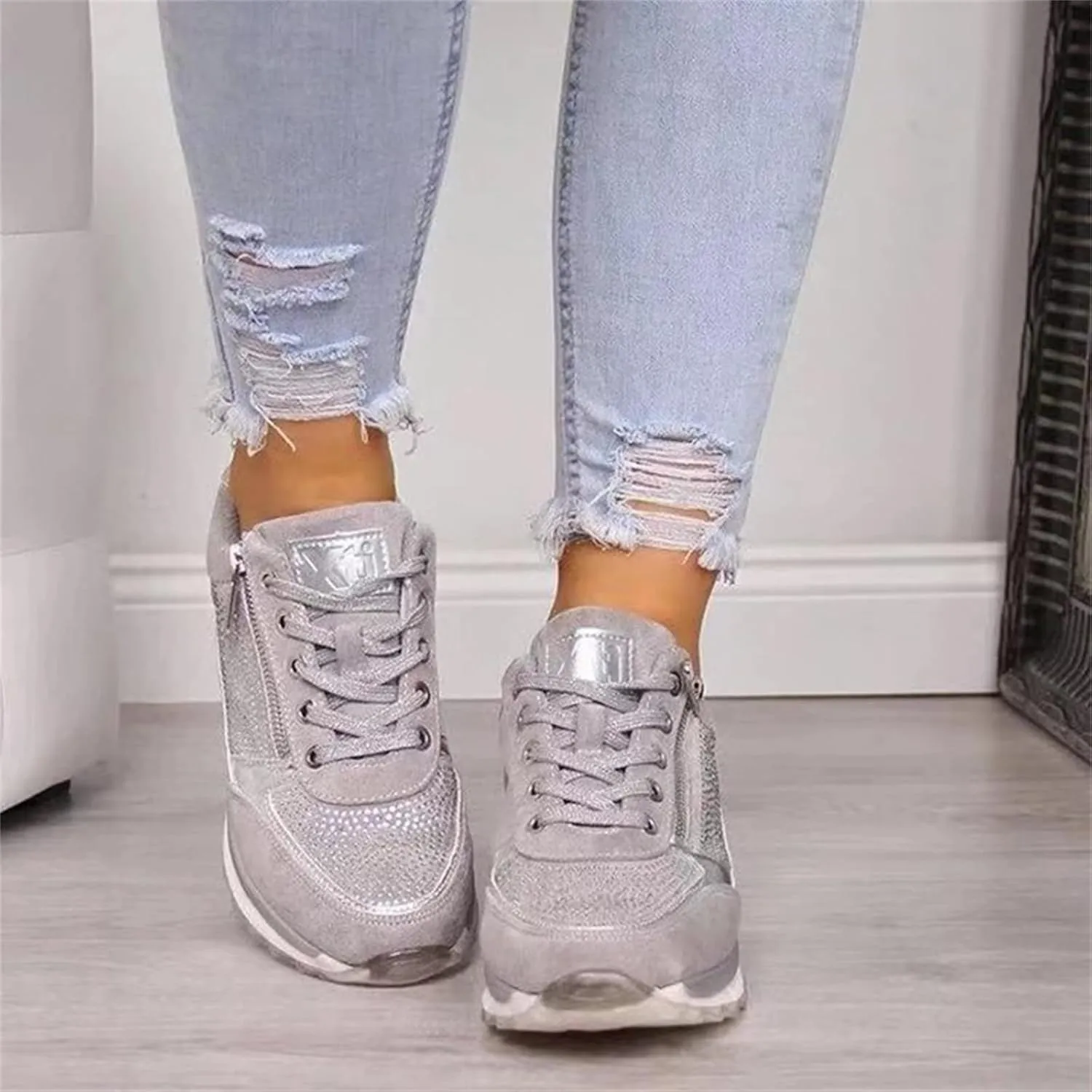 Ladmiple Shoes For Women Sneakers Trendy Low Top Lace-up Walking Shoes Fashion Summer Slip On Platform Flats Loafers
