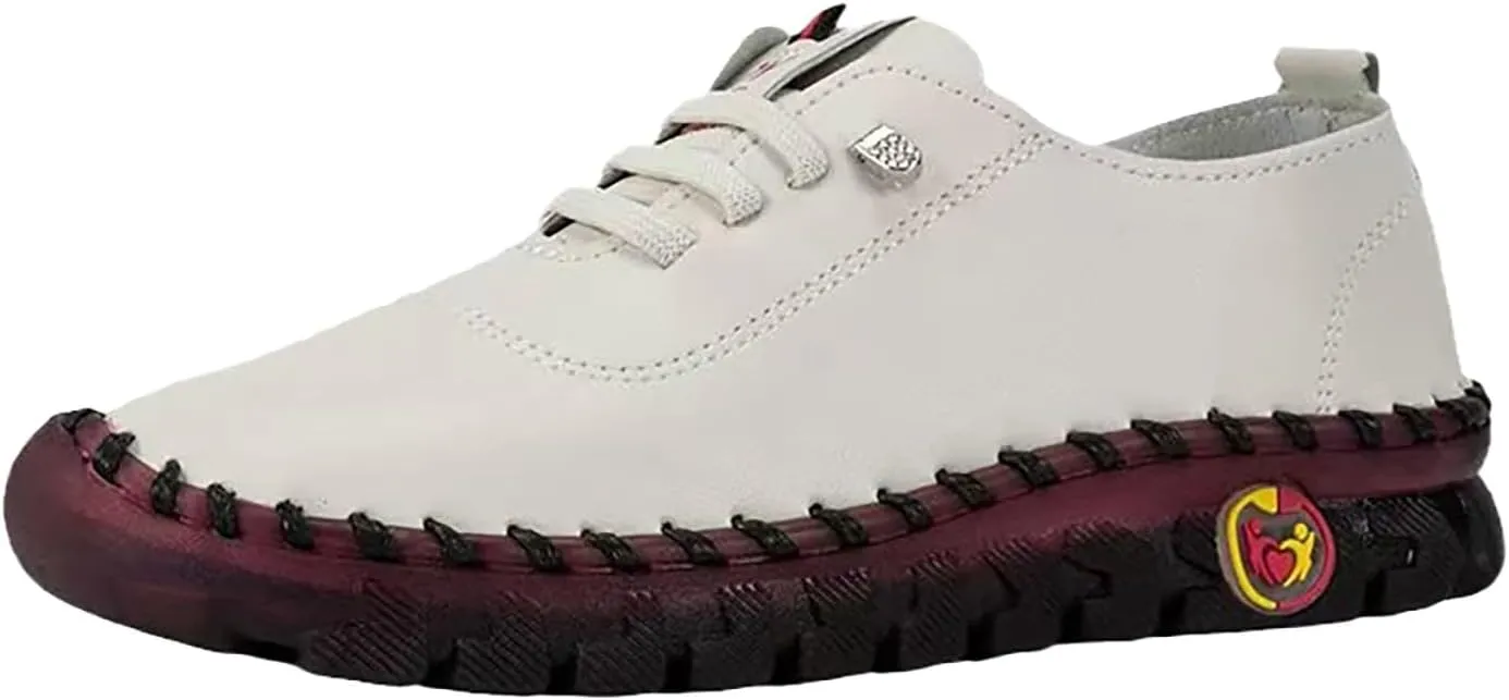 Women's Leather Soft Flat Beef Tendon Bottom Loafers Lace Up Shoes Arch Support Hands Slip on Sneakers