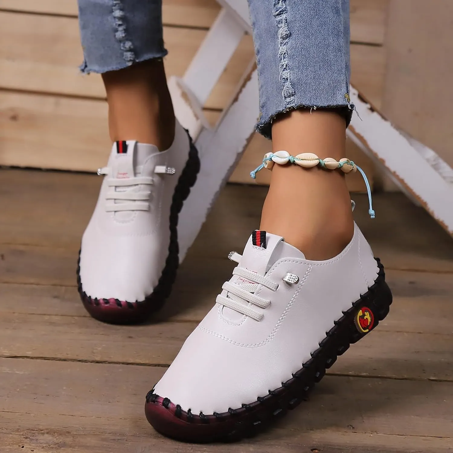 Women's Leather Soft Flat Beef Tendon Bottom Loafers Lace Up Shoes Arch Support Hands Slip on Sneakers