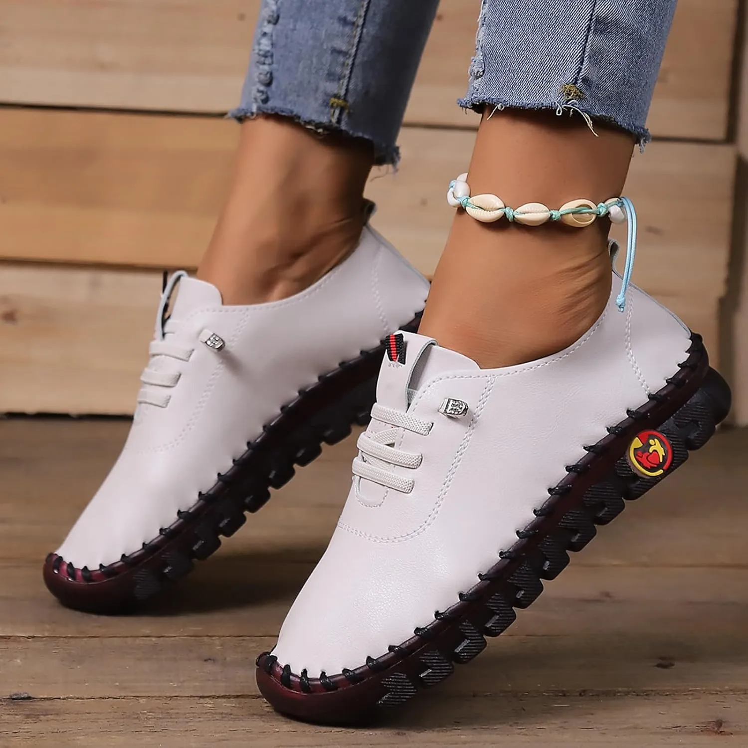 Women's Leather Soft Flat Beef Tendon Bottom Loafers Lace Up Shoes Arch Support Hands Slip on Sneakers